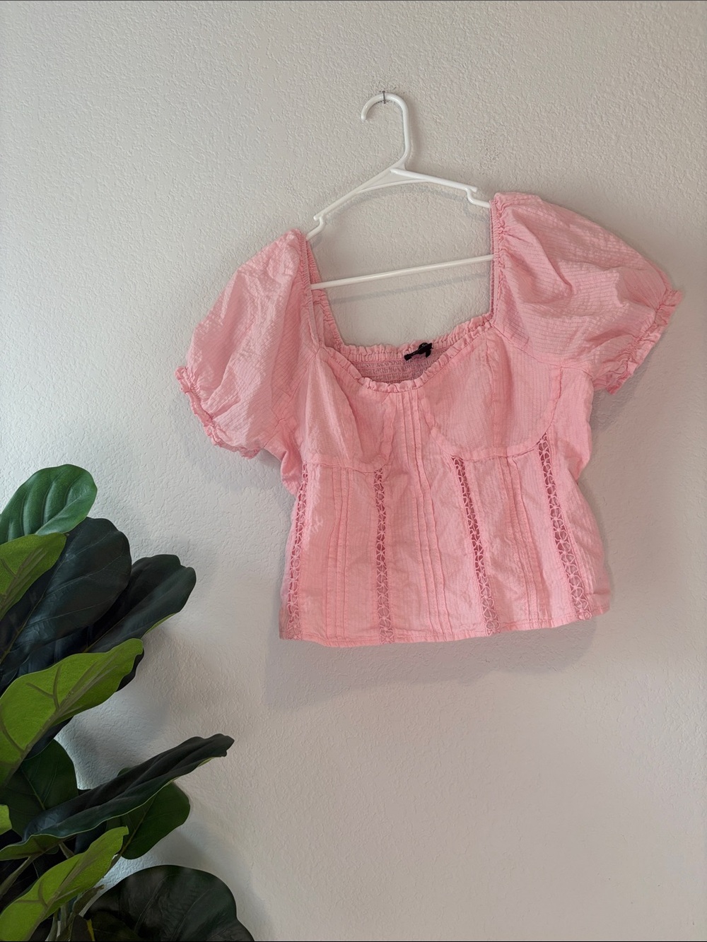 Soft Pink Puff-Sleeve Lace-Trim Blouse Jessica Simpson XL